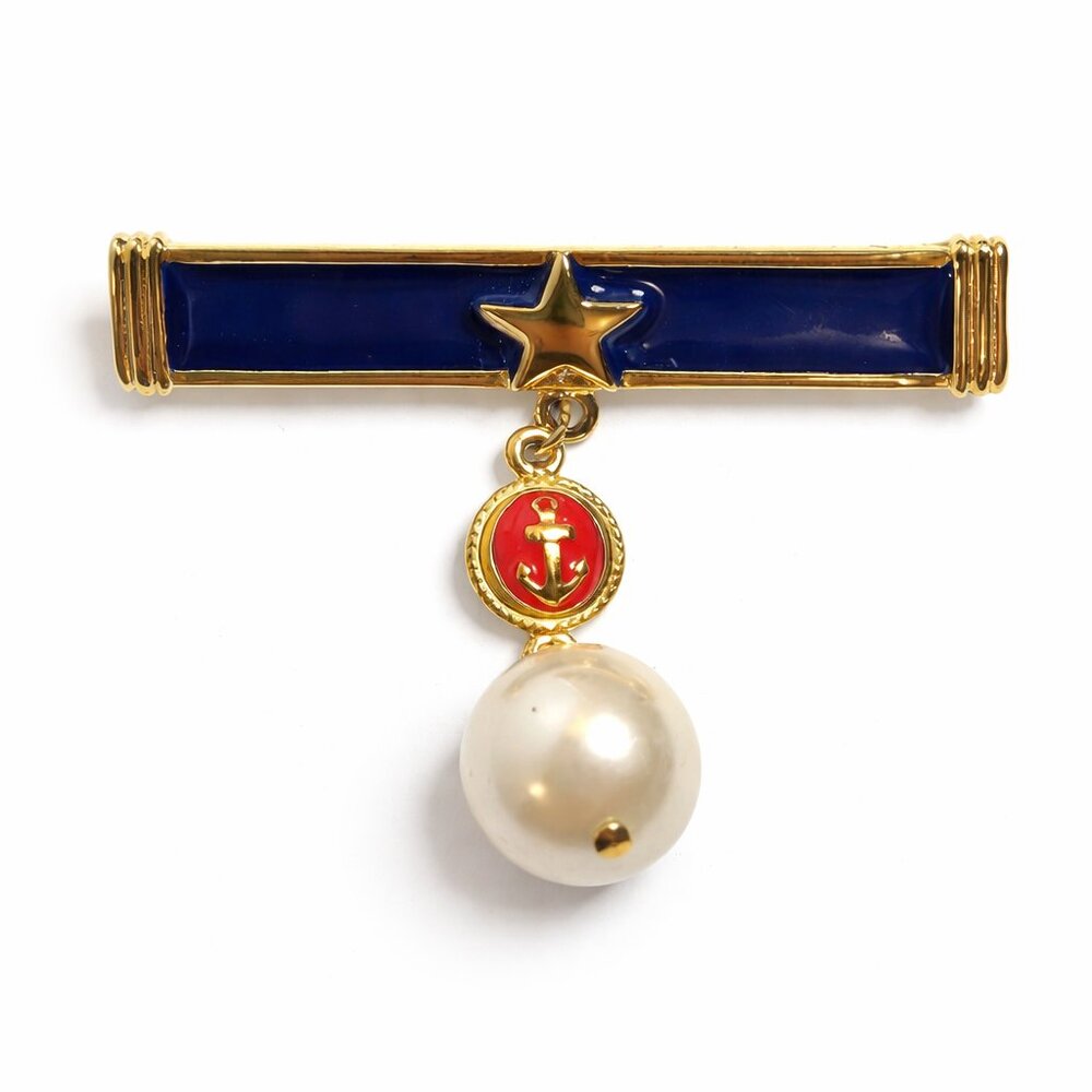 Vintage Marvella Gold Tone Nautical Enameled Simulated Pearl with Anchor Brooch